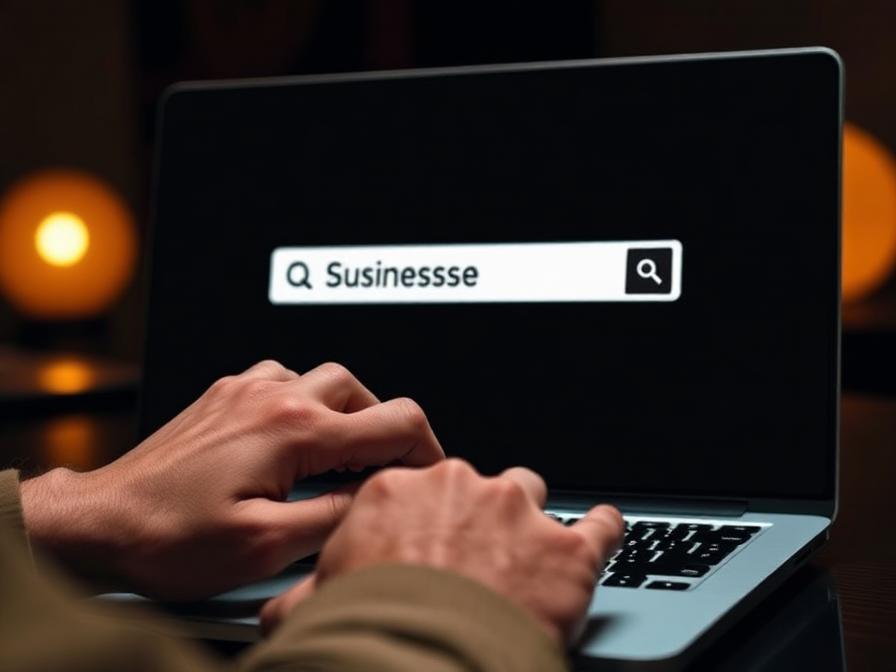 Hands typing a business name into a search bar