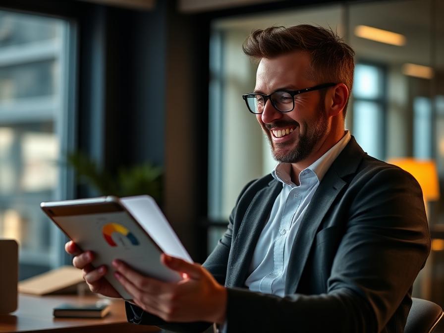Business owner reviewing visibility score on a tablet